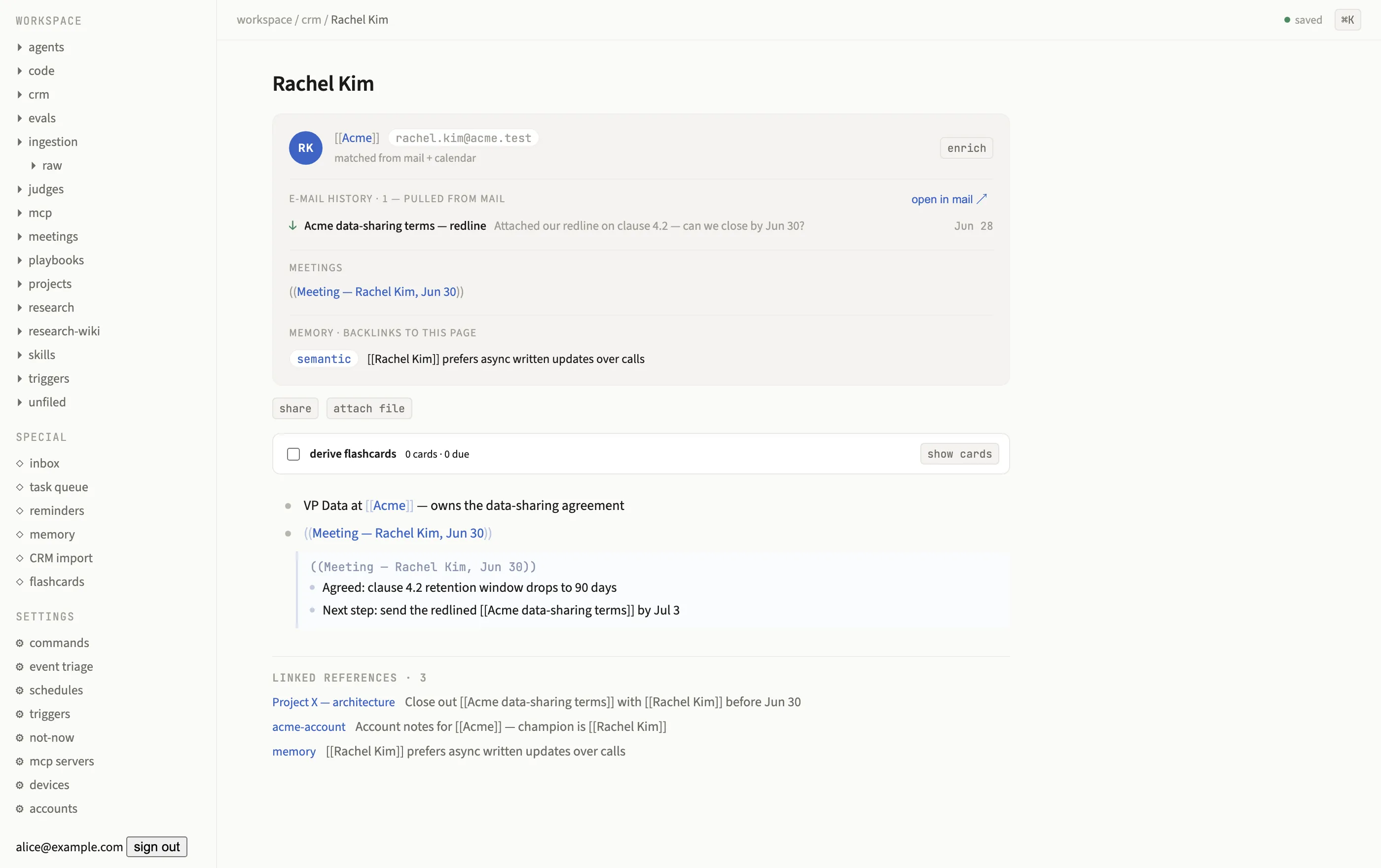 A CRM person page built from mail and calendar