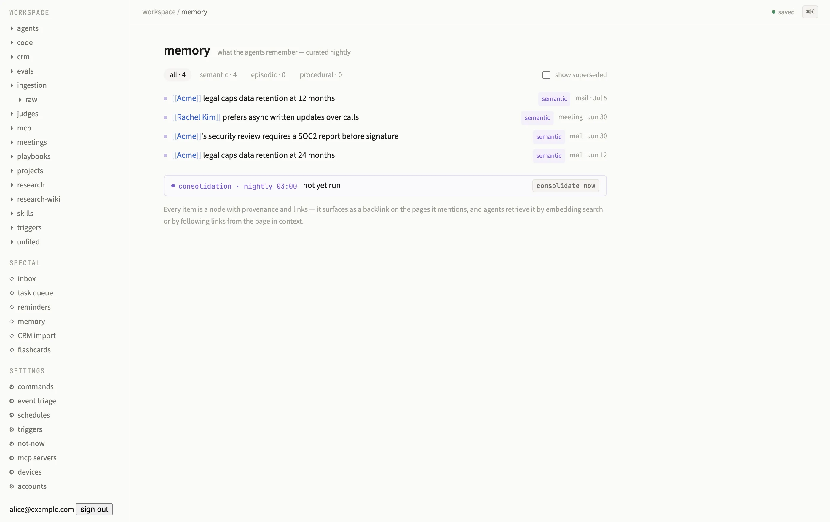 The agent memory page