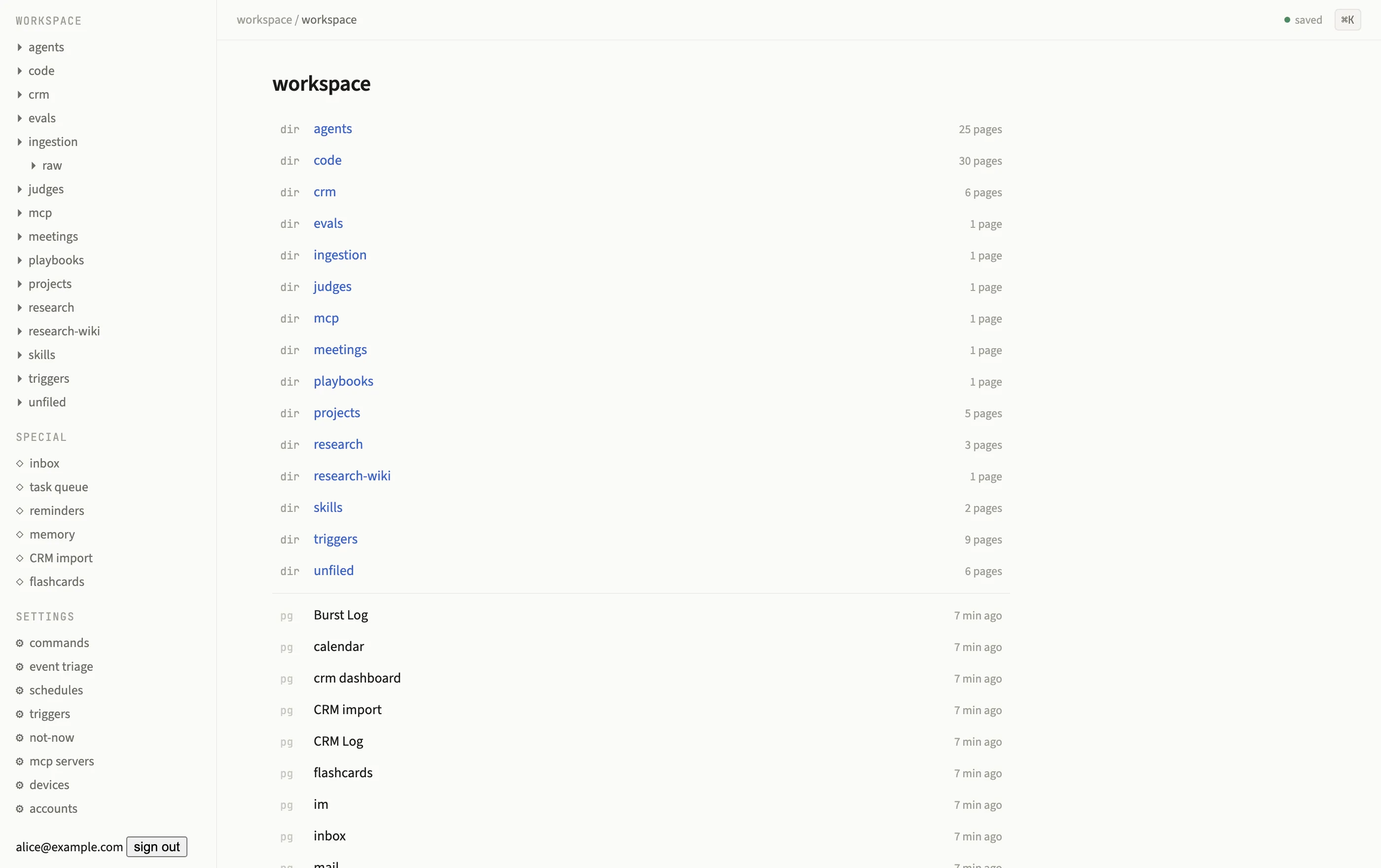 The workspace directory view with the sidebar tree